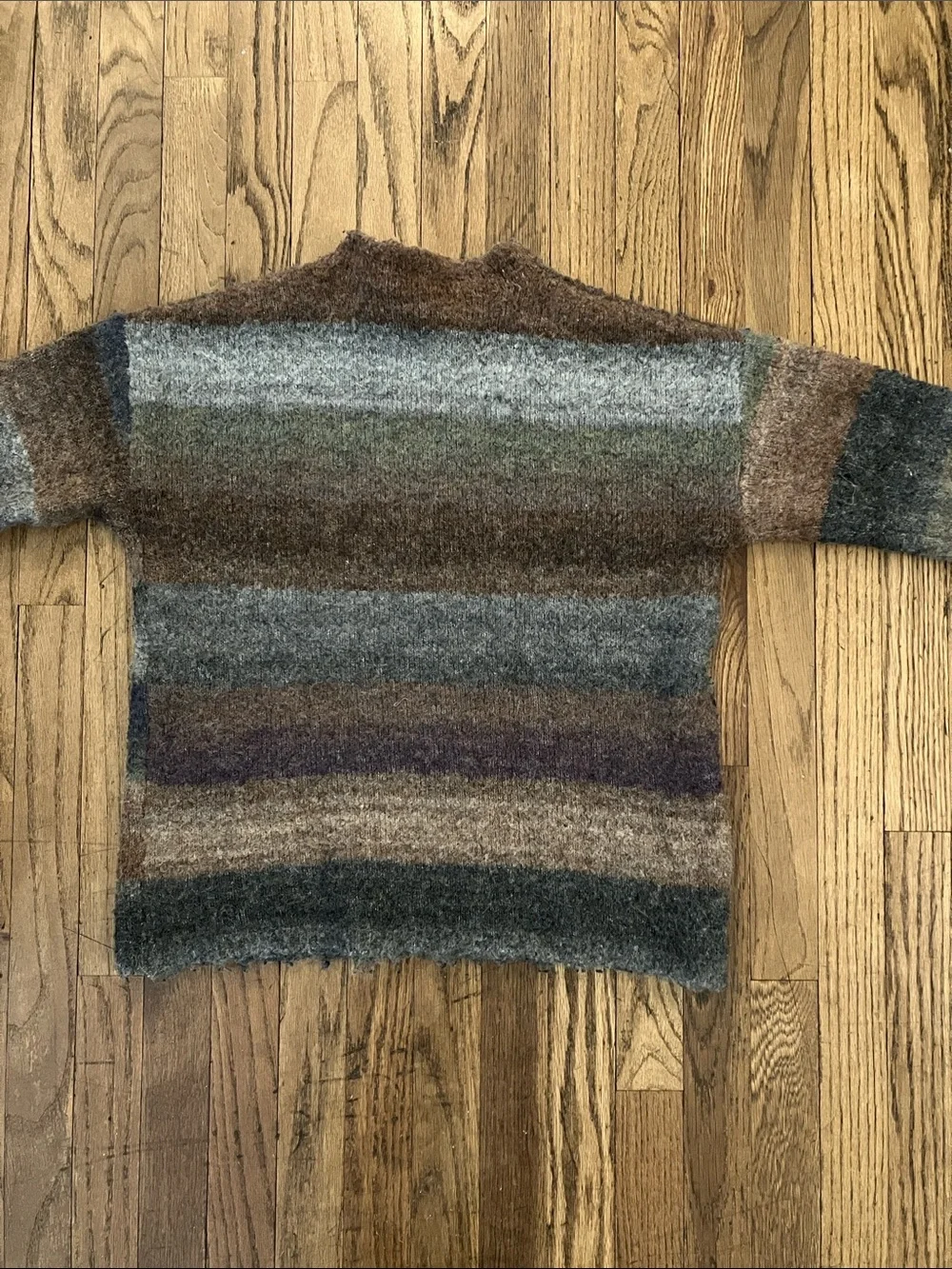 Evolution by Cyrus Striped Stretchy Fuzzy Crewneck Sweater in earth tones